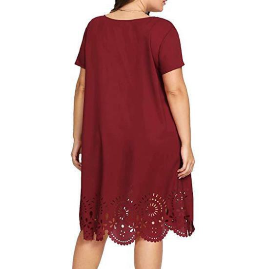 Женское летнее платье миди с вырезом по краю, большие размеры, с короткими рукавами и круглым вырезом, свободный подол, однотонное женское повседневное платье