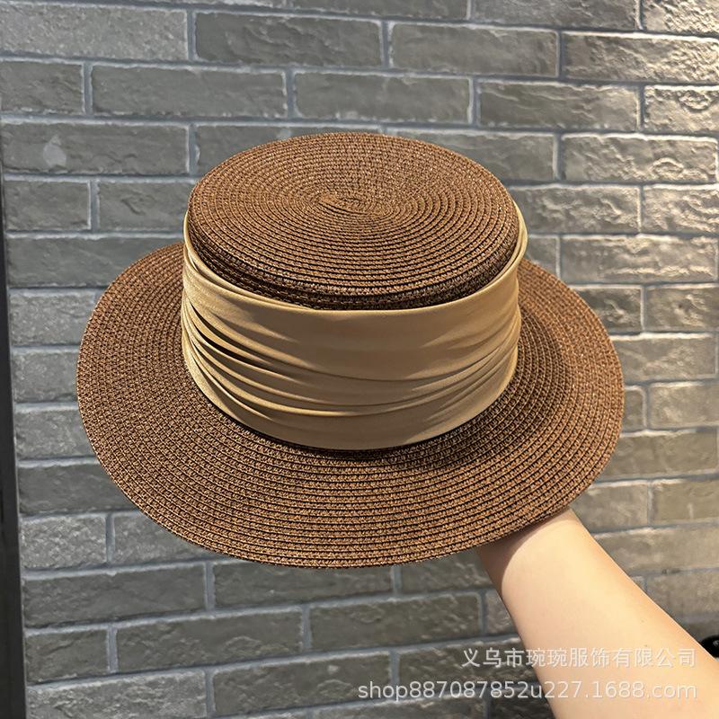 Temperament socialite flat top straw hat simple top hat women's summer British retro seaside vacation sunscreen visor