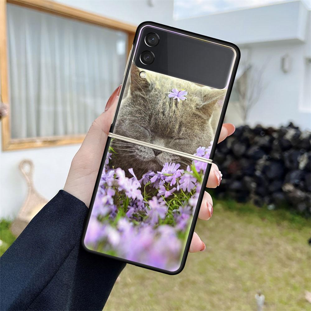 Роскошный чехол для Samsung Galaxy Z Flip 4 3 5G, черный ПК, жесткие чехлы для телефонов, модная задняя крышка ZFlip Funda, милый Aniaml Cat Shell Sac