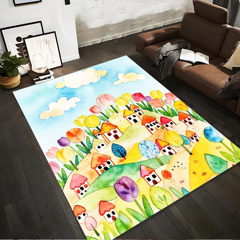 Colorful Carpet with Tulip Field and Cute Village Houses Artwork Suitable for use as an anti-slip for living room bedroom sofas