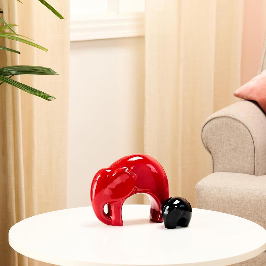 New Home Decor Happy Charm Elephant Mother & Child | Piano Finish Ceramic Figures (Set of 2 Pieces, Red and Black)