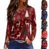 Women's Fashion Casual Slit Hem Round Neck Long Sleeve Loose Christmas Printed T-Shirt Ladies Top
