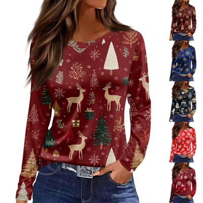Женская модная повседневная футболка с разрезом по низу, круглым вырезом, длинными рукавами, свободного кроя, с рождественским принтом, женский топ