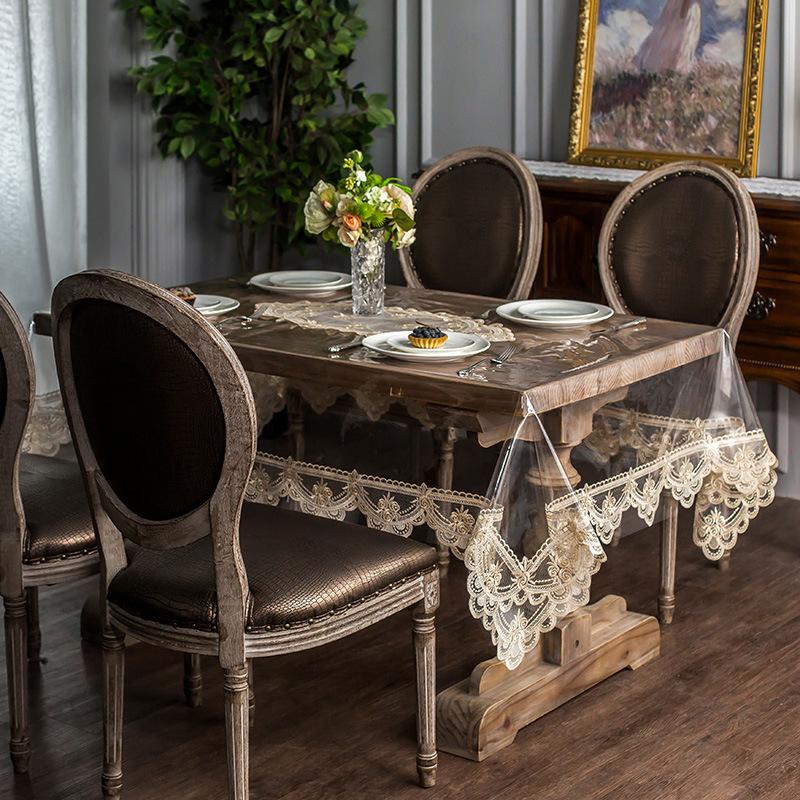 Waterproof Tablecloth Pvc Transparent Soft Golden Lace Embroidered Oil -Proof Table Cover Coffee Table Crystal Plate Table Cloth