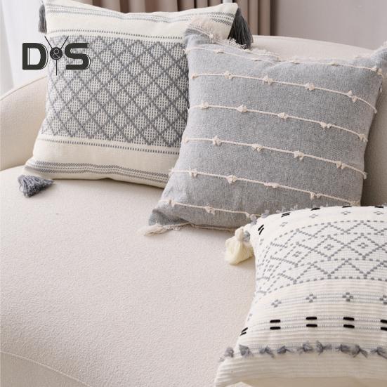 Boho Throw Pillow with Braided Rope Pattern And Tassels Soft Cotton Linen Textured Cushion for Sofa Bed Office