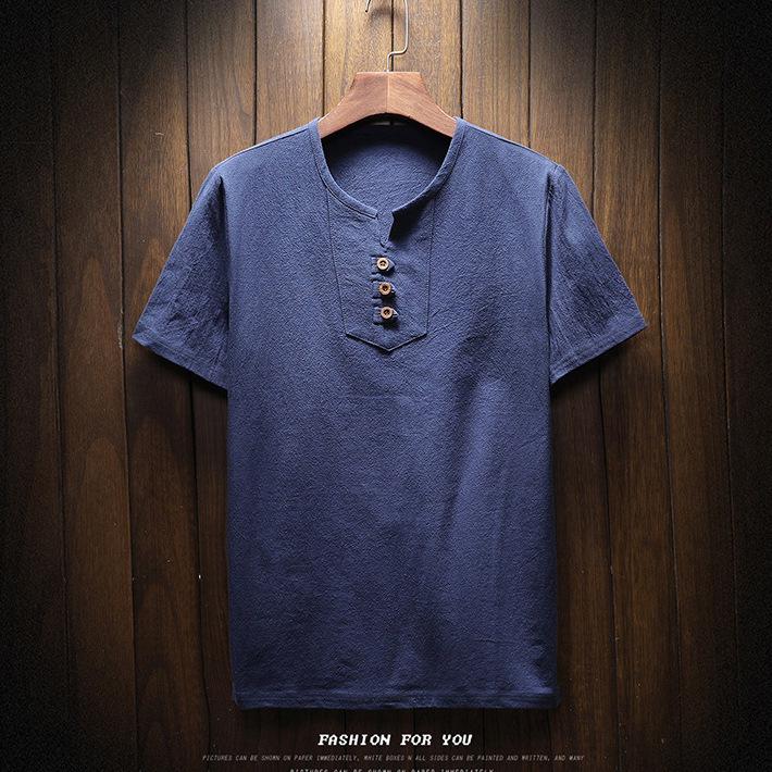 Мужская летняя 2022 года хлопково-льняная футболка с коротким рукавом на двух пуговицах - мягкая и дышащая