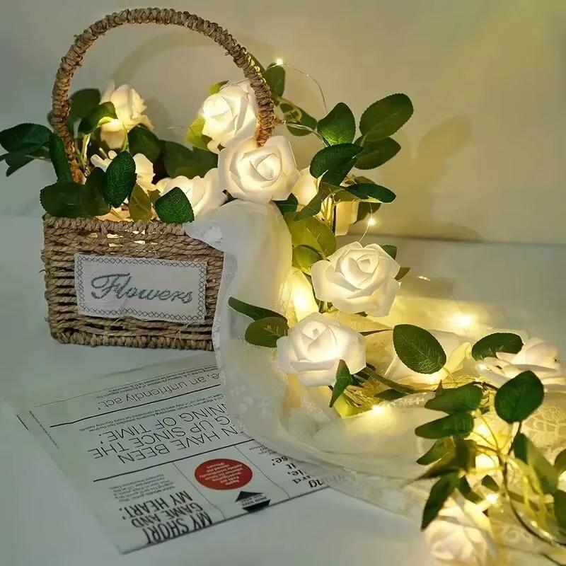 Artificial White Rose rattan light string LED small white flower rattan light string Battery Powered For wedding balcony decor