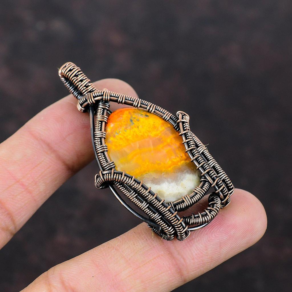 Bumble Bee Jasper Pendant Copper Wire Wrapped Pendant Gemstone Pendant Unique Copper Jewelry Handmade Pendant Wire Wrap Jewelry Gift For Him