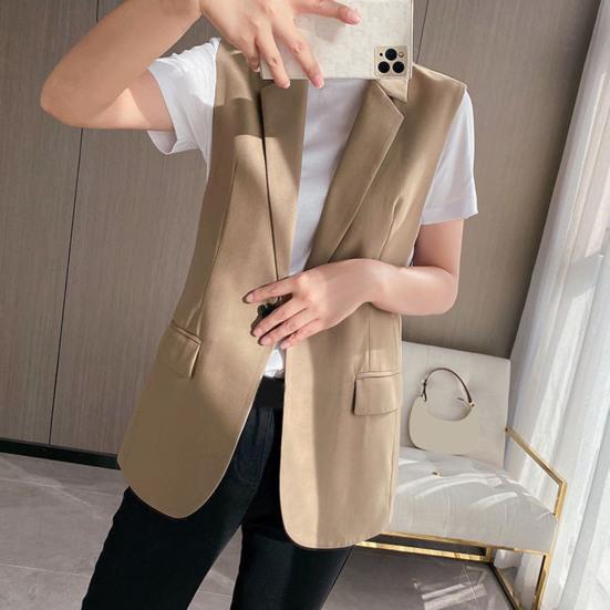 Женский деловой жилет с отложным воротником, застежкой на одну пуговицу, без рукавов, средней длины, формальный офисный наряд, однотонный кардиган, жилет, наряд для рабочего места