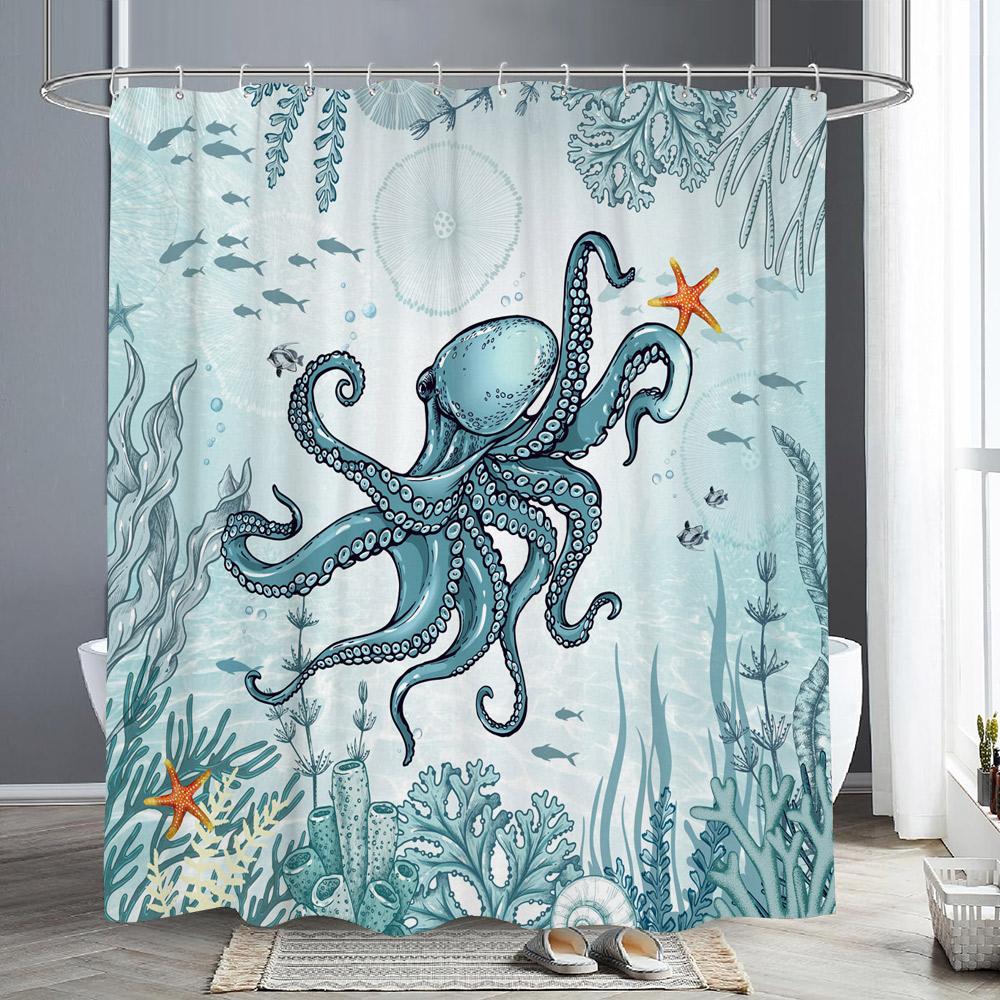 Sea Turtle Ocean Animal Shower Curtain Starfish Underwater Plants Coral Algae Watercolour Art Home Shower Curtain Bathroom Decor