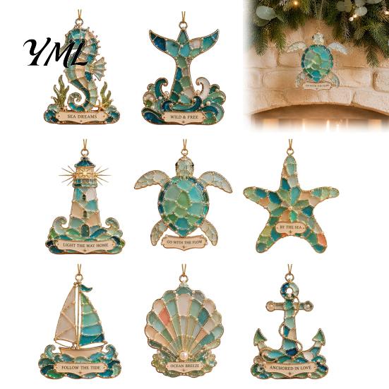 Sea Glass Ornaments for Christmas Handmade Coastal Ornaments, Turtle Seahorse Starfish Modern Home Holiday Decor Sailboat Beach Hanging Decoration