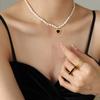 French Vintage Baroque Oval Freshwater Pearl Chain Titanium Steel Gold Plated Peach Heart Inlaid Glass Stone Necklace