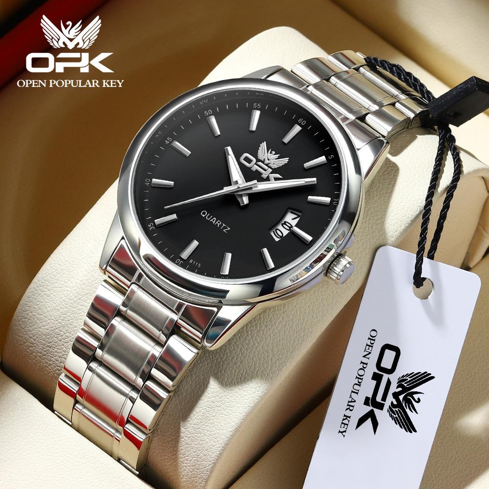 OPK 6010 Mens Watch Simple Original Quartz Watch Stainless Steel Strap Calendar Watches For Man Waterproof Luminous Men Watch
