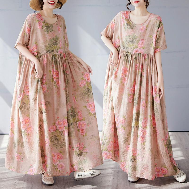 Простое богемное длинное платье лето новое полнящее плюс короткий рукав круглый вырез платье с принтом женская одежда