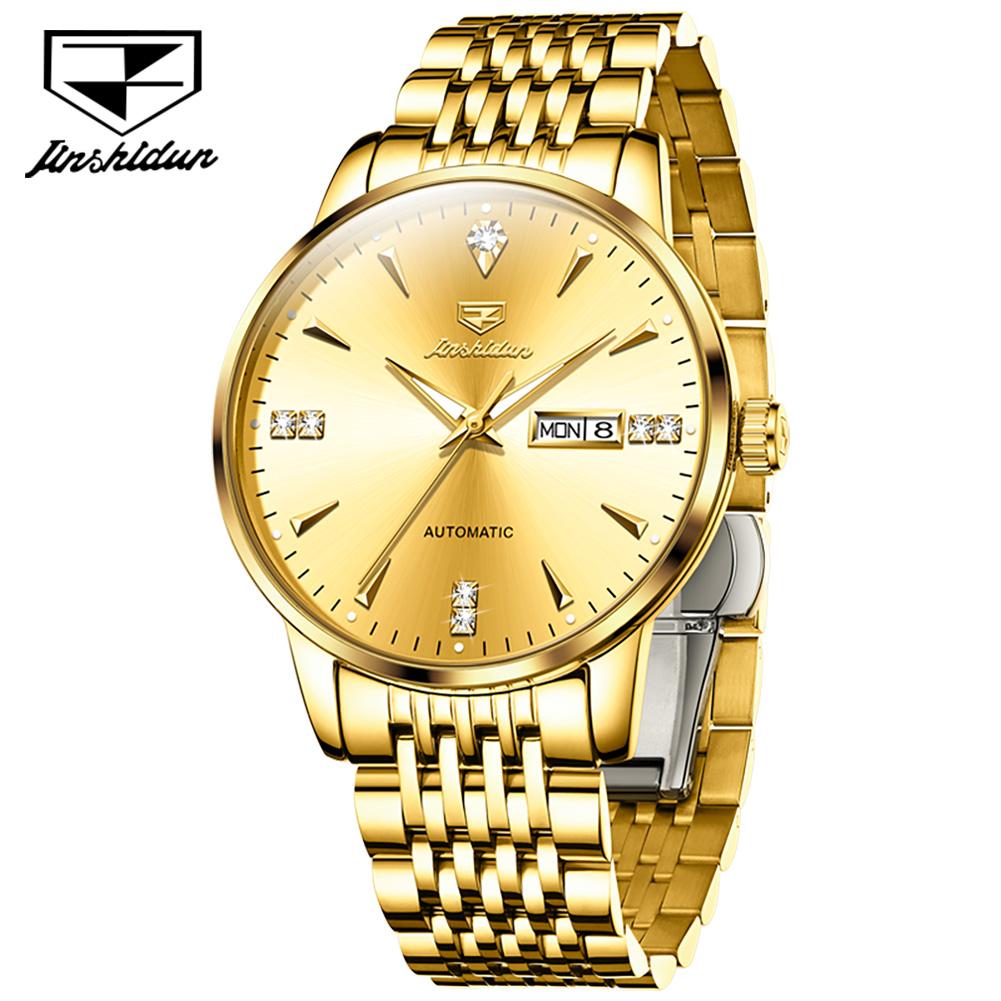 JINSHIDUN Новые деловые и развлекательные мужские часы Механические часы Diamond Double Calendar High-end Watch