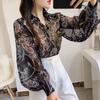 Осенняя женская одежда, шифоновые топы на пуговицах с отложным воротником, изящные повседневные рубашки с рукавами-фонариками и цветочным принтом, рубашки с открытой строчкой