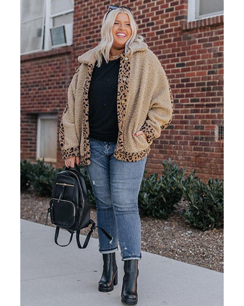 Azura Exchange Khaki Plus Size Leopard Trim Button Up Sherpa Jacket