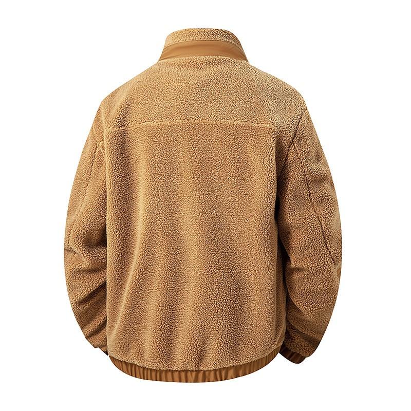 Mens Fleece Jacket Color Block Warm Winter Outerwear Loose Fit Stand Collar Multi Pocket Casual Coat