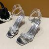 Женская мода туфли на высоком каблуке с квадратным носком, лето 2024, новые элегантные туфли для банкета, прозрачные сандалии с кристаллами
