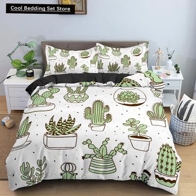 Пододеяльник Cactus King Queen Набор постельного белья с суккулентами для детей, подростков, взрослых Зеленый Ботанический с цветами 2/3 предмета Полиэстеровый пододеяльник