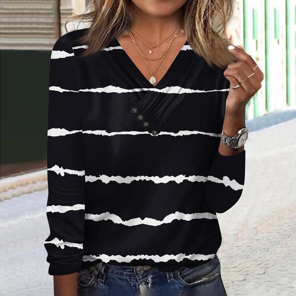 Женские топы с длинными рукавами, осенние блузки с v-образным вырезом и длинными рукавами, свободный крой, повседневные футболки с принтами на пуговицах