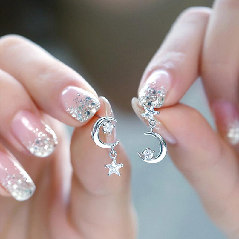 Модные асимметричные серьги серебряного цвета, серьги-подвески в виде звезд и луны для женщин, невест, подружек невесты, подарки на День святого Валентина