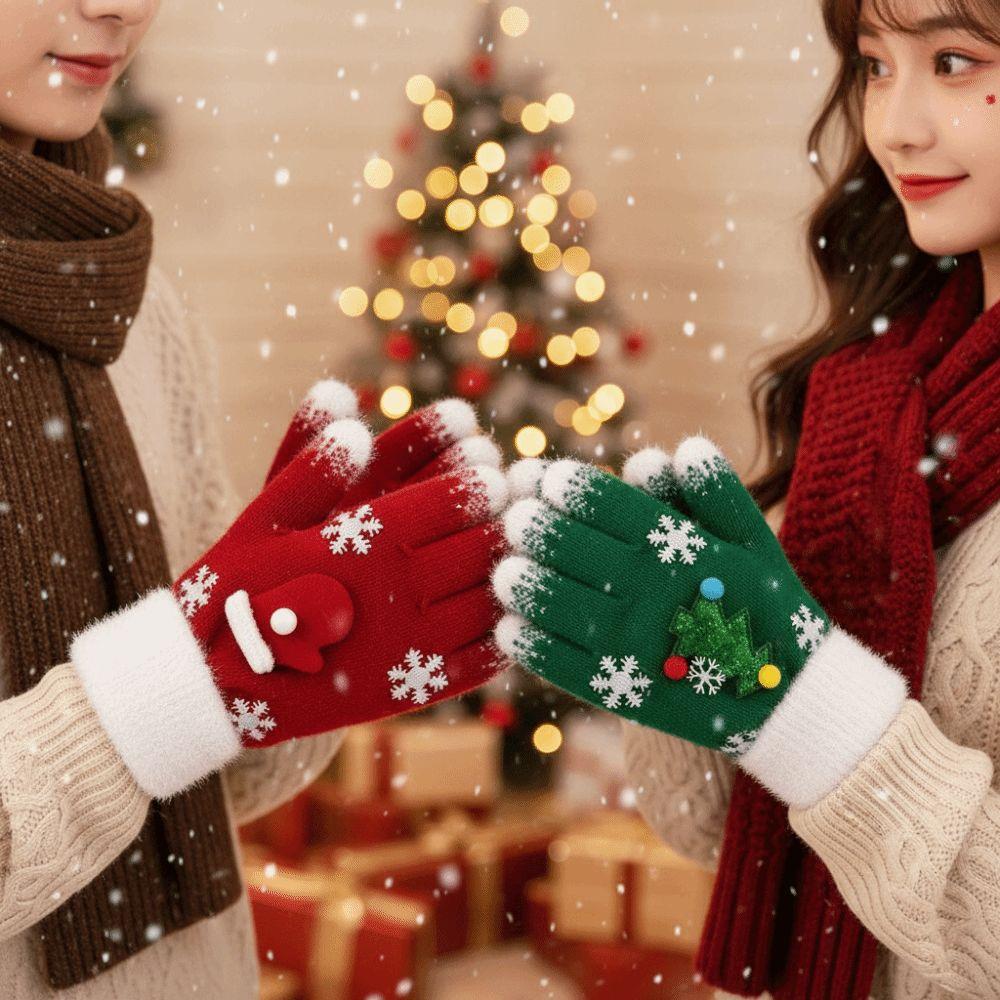 Red Green Winter Knit Mittens Knitted Woolen Full Finger Gloves Christmas Gloves Party Wear