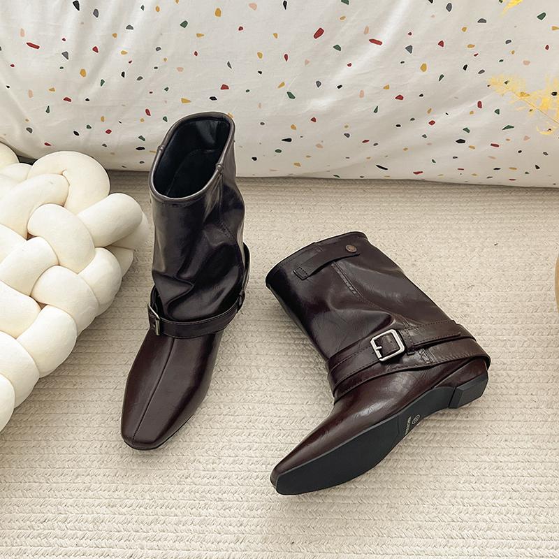 Зимний Дизайн Толстый Каблук Женские Морден Трубы Сапоги Мода Ремень Пряжка Слипоны Обувь Женская Мода Банкет Вечеринка Короткие Ботильоны