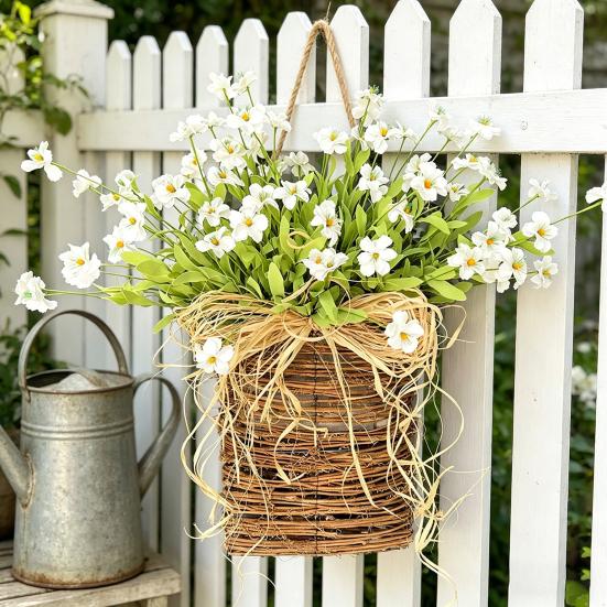 Door Hanger Basket Wreath Spring Summer Artificial Flowers in Wicker Basket for Front Door Rustic Rattan Hanging Basket Wreath for Home Porch Entryway