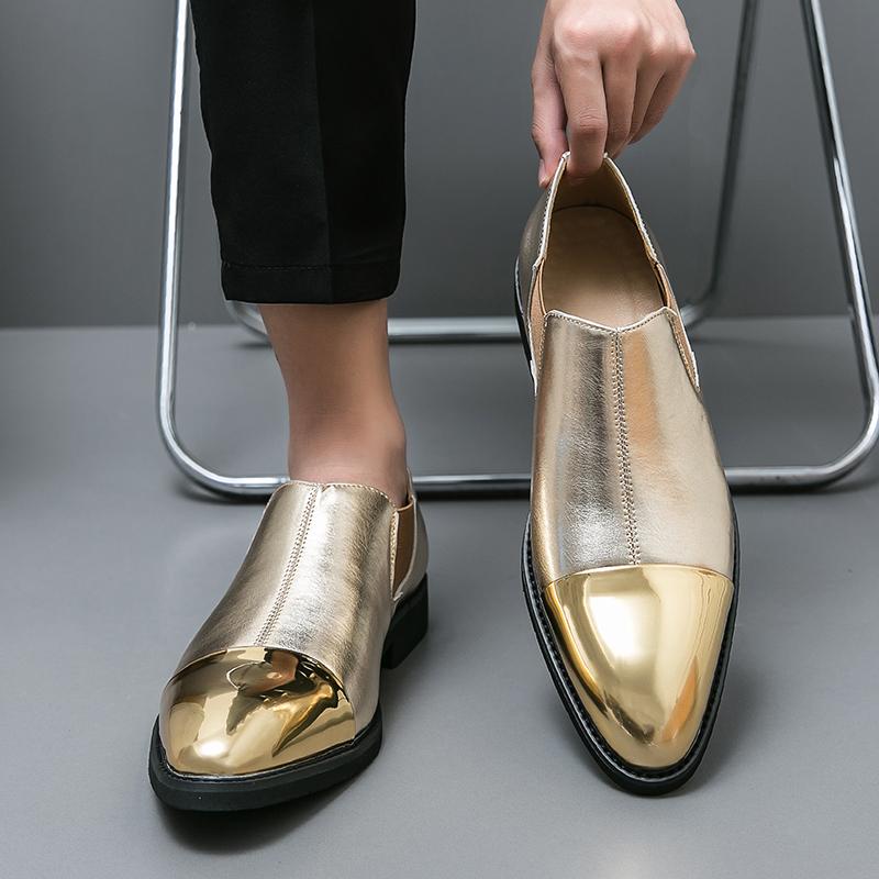 Модные, горячая распродажа, стильные мужские туфли-клубы с острым носком, классические мужские туфли из кожи для свадьбы 2024 года, новое поступление, золотистые мужские туфли без застежек
