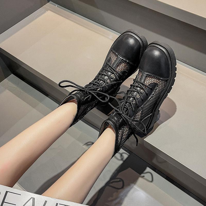 Летние ботинки на шнуровке в сетку, дышащие женские ботинки с высоким каблуком, красные полые ботинки, студенческие сапоги в сетку