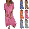 Женское летнее сплошное цветное повседневное модное платье миди из хлопка и льна с v-образным вырезом