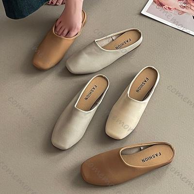 Мода Comemore Ретро Квадратный Носок Baotou Полушлепанцы Женские Весна Лето Уличная Носка Мягкая Кожа Повседневные Однотонные Плоские Мюли Слайды