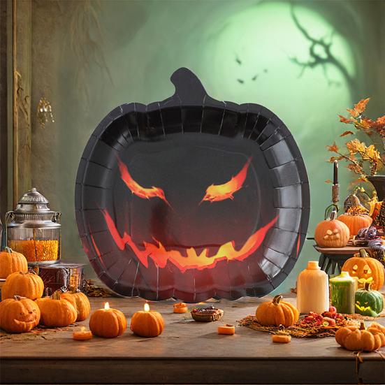 Хэллоуин Тыква Бумажные тарелки Черные Оранжевые Тарелки-гримасы тыквы Одноразовые сервировочные подносы для угощений на Хэллоуин