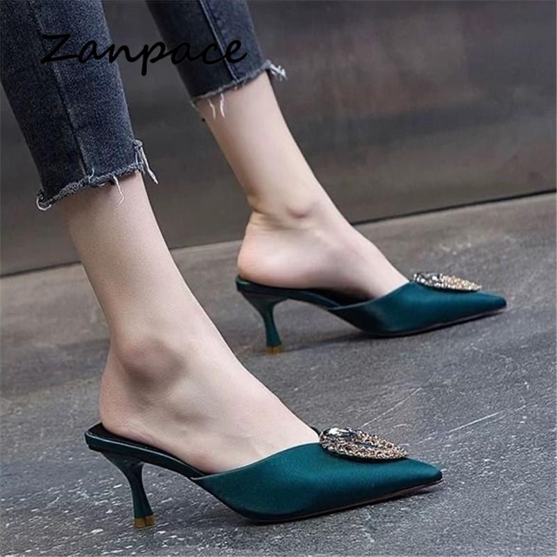 2025 Slippers Women Sandals Indoor High Heels Slip On Shoes Summer Thin Heeled Women Shoes Pointed Top Woman Slides