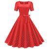 Retro Women's Square Neck Short Sleeve Polka Dot Print Lace Up Waist Big Swing Dress