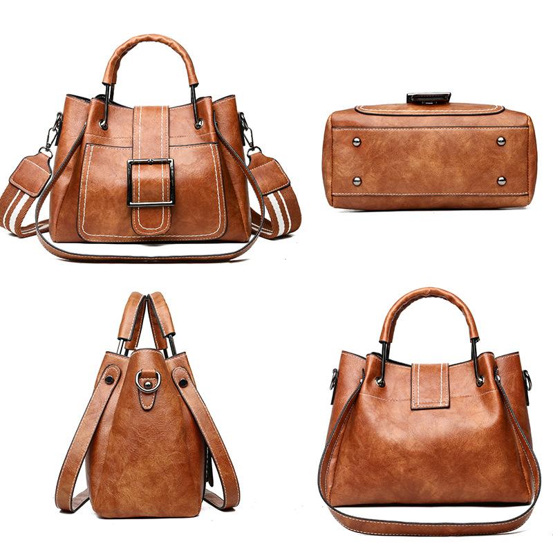 Модная сумка-ведро Модная ретро кожаная сумка через плечо из масляного воска Большая вместимость сумка через плечо Женская металлическая женская сумка