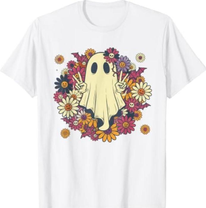 Retro Floral Cute Ghost Peace Sign Halloween Design T-Shirt