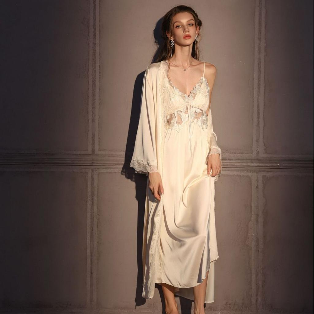 Сексуальная пижама женская Ледяная лента Нагрудная подушечка Французская пижама на бретельках Длинная выше колена Магнолия Чистое желание Домашняя одежда