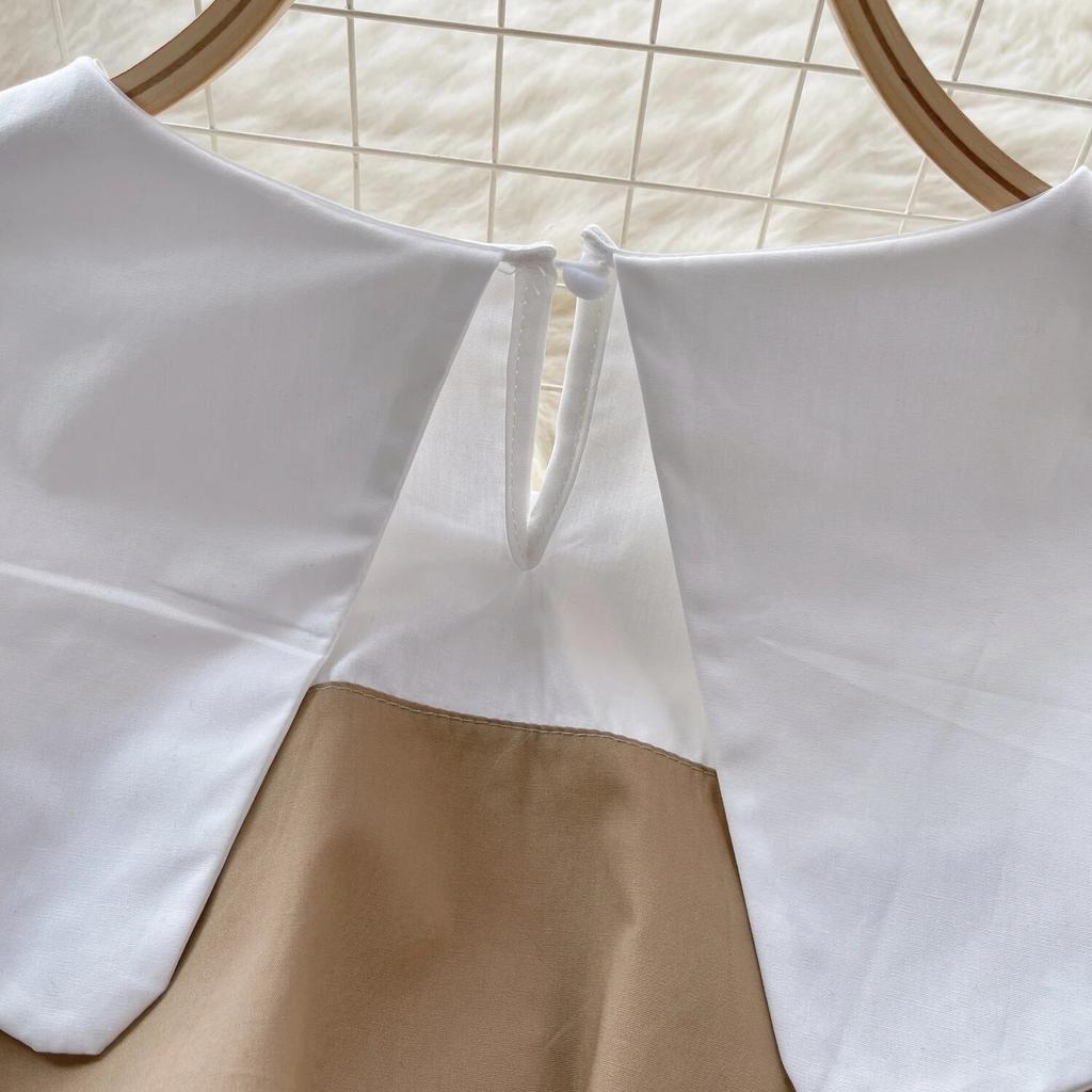 Korean Series Short Shirts for Women, Puff Sleeve Top, Large Lapel, Contrast Color, Patchwork, Early Spring Wear, New Fashion