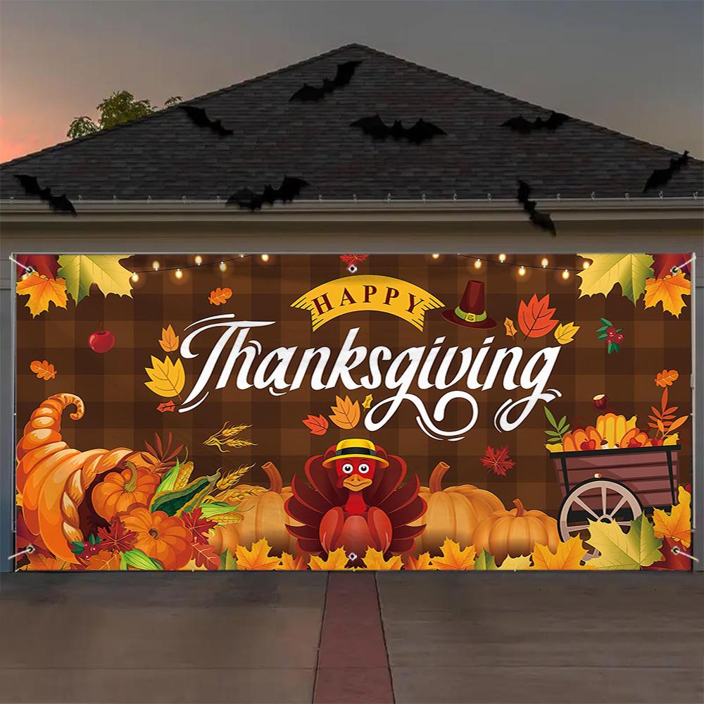 A Thanksgiving turkey garage door banner - Autumn Harvest themed fabric door frame decoration - No power required
