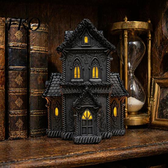 Lighted Gothic Home Decor Halloween Village House Statue with LED Light, Style Table Centerpiece Black Spooky Figurine for Tabletop Holiday