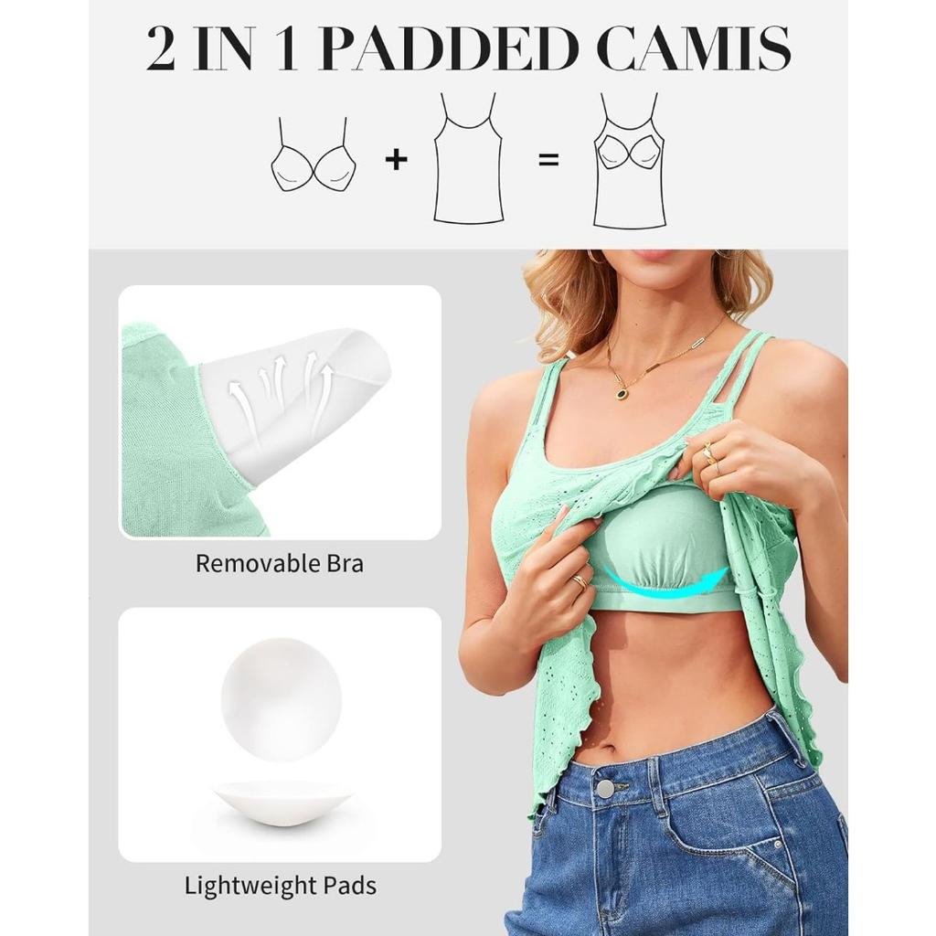 CHARMLEAKS Женские майки со встроенным бюстгальтером, бретельки с струящимися люверсами и вышивкой, регулируемые рубашки на тонких бретелях, рубашки S-3XL