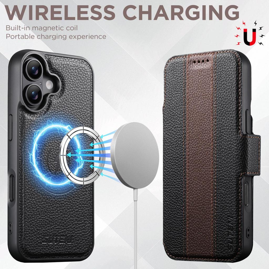 Чехол-книжка для iPhone 17: Слот для карт, Магнитная застежка, Подставка для беспроводной зарядки, Кошелек с цветными блоками, Кожа