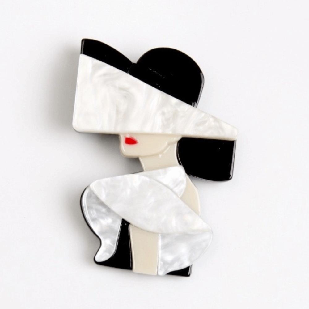 Cartoon Women Portrait Pin Acrylic Girl Badge Retro Lady with Hat Brooch