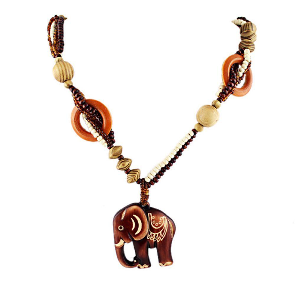 Wholesale Price Hot Sale for Women Necklace Long Hand Made Bead Wood Elephant Pendant Ethnic Style