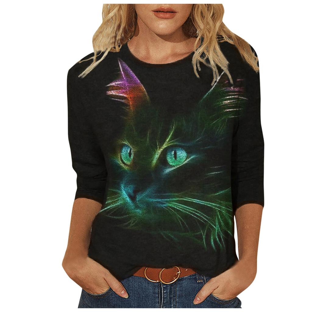 Women Casual Long Sleeve Cat Printing Shirt Blouse Top