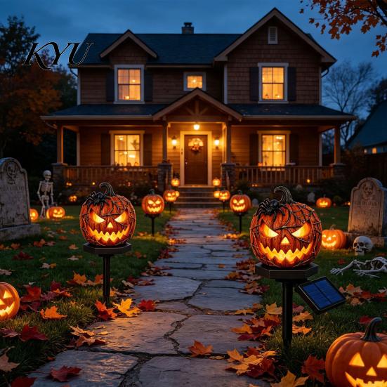 Warm Amber Light Solar Halloween Pumpkin Garden Stake Light, Waterproof Resin LED Decorative Lawn Lamps Lantern, Spooky Yard Lighting for Outdoor