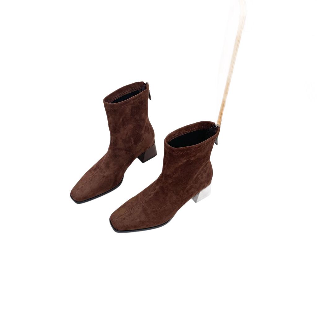 French square head thin short boots women's autumn and winter new retro brown rear zipper thick heel commuter ankle boots