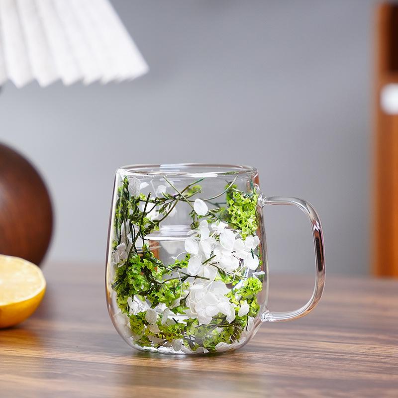 Flower-Infused Glass Mug - Decorative Dried Flower Clear Coffee/Tea Cup (Multi-Color Options)